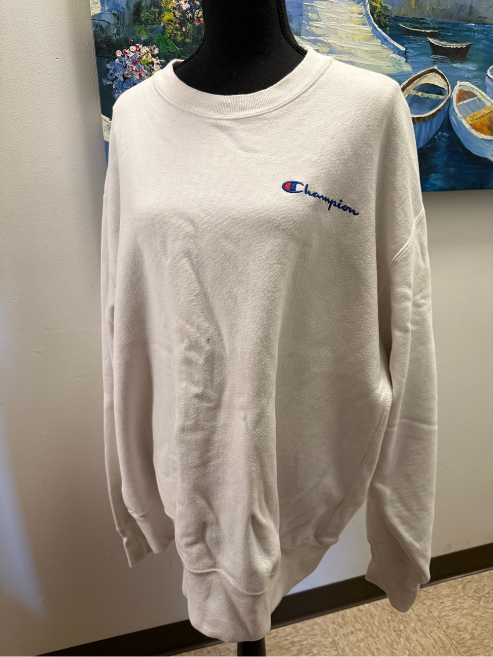 Champion White Crewneck Sweatshirt with Embroidered Logo